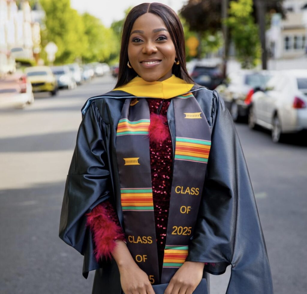 Loveth Odozor's graduation picture from her Master's degree in Cyber Security.